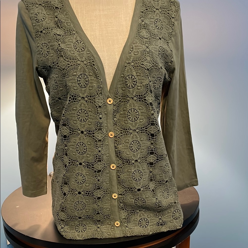 Tommy Hilfiger Green Cardigan with Textured Knit V-Neck, Size M